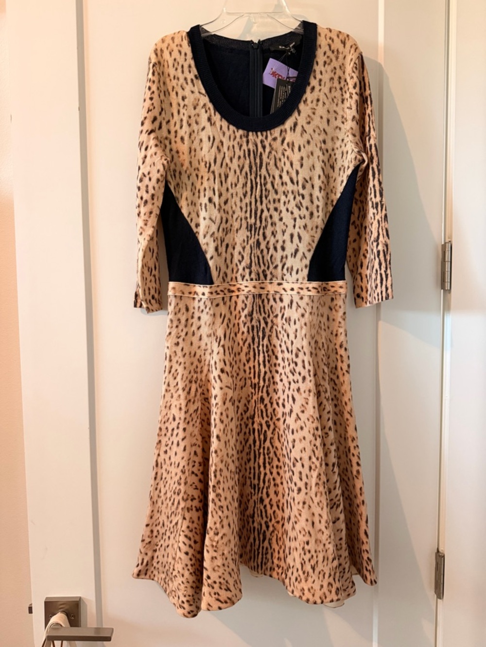RACHEL Rachel Roy Tan Leopard Print Knit Dress with Navy Panels Sz M